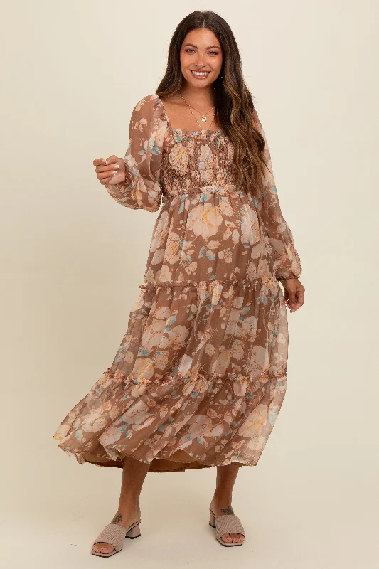 Crazy Savings backless dressMocha Floral Square Neck Smocked Maternity Midi Dress