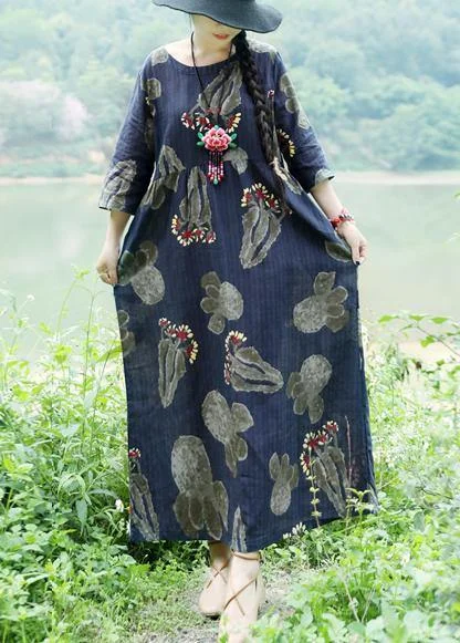 Flash Deals office dressLoose navy cotton linen Robes Casual Sleeve prints summer Dress