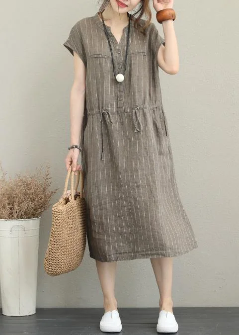 Price Drop midi dressLoose v neck drawstring linen summer Robes Neckline kahki striped Dresses