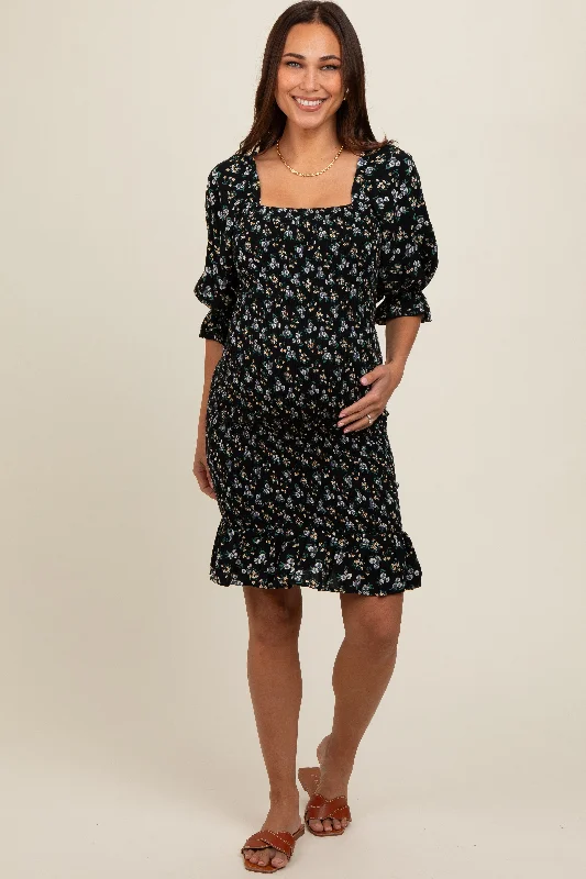 Seasonal Sale floral midi dressBlack Floral Smocked Puff Sleeve Maternity Dress