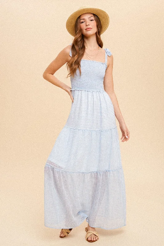 Hot Deal trendy mini dressBlue Tie Shoulder Smock Tiered Check Chiffon Dress