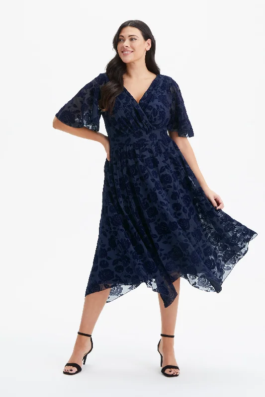 Exclusive Savings long-sleeve floral dressJulie Dark Navy Velvet Flock Hanky Hem Dress