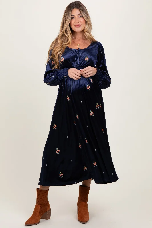 Bargain Prices printed dressNavy Velvet Embroidered Floral Maternity Midi Dress