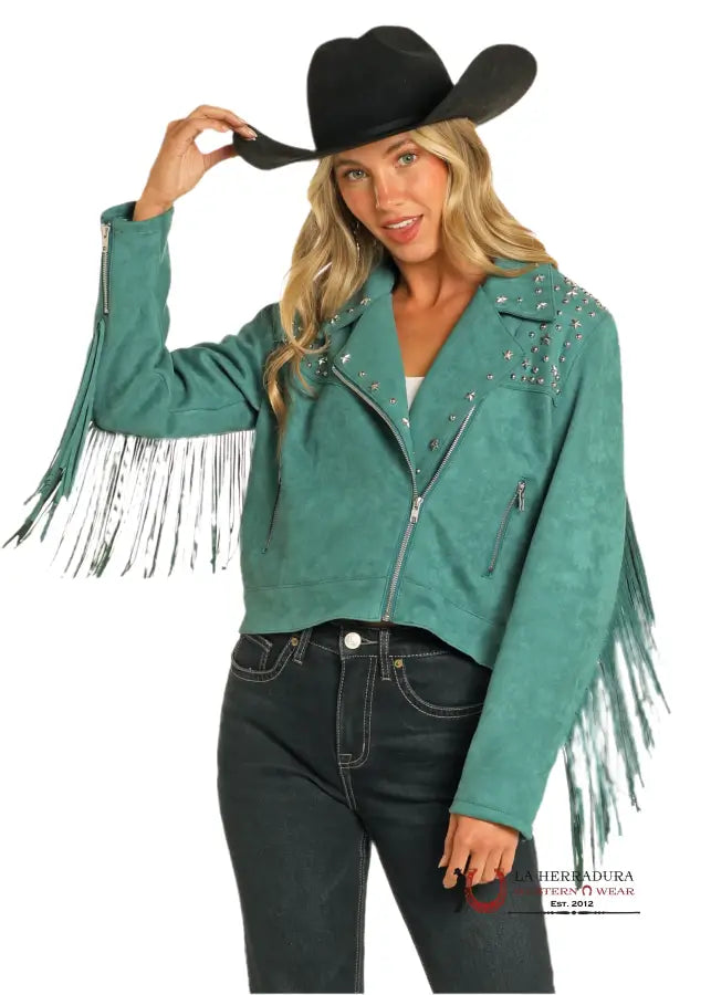 Early Bird Discount Rock&roll Womens Suede Fringe MOTO JACKET Green
