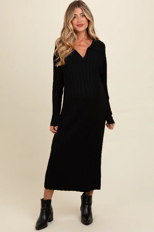 Fantastic Deals casual day dressBlack Ribbed Collared Maternity Midi Sweater Dress