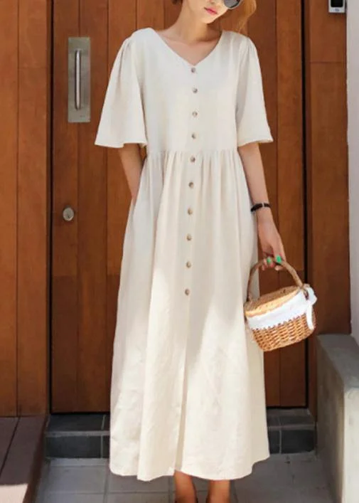 Best Bargains floral dressModern v neck flare sleeve cotton linen summer dress Runway beige Dresses