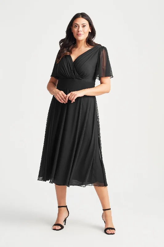 Deal of the Day trendy wrap dressVictoria Solid Black Angel Sleeve Mesh Midi Dress