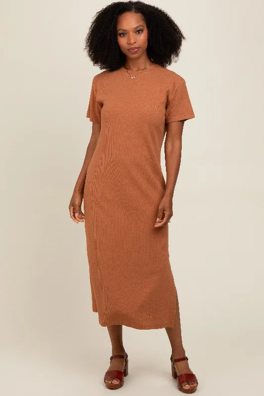 Weekend Flash Sale trendy mini dressCamel Short Sleeve Side Slit T-Shirt Midi Dress