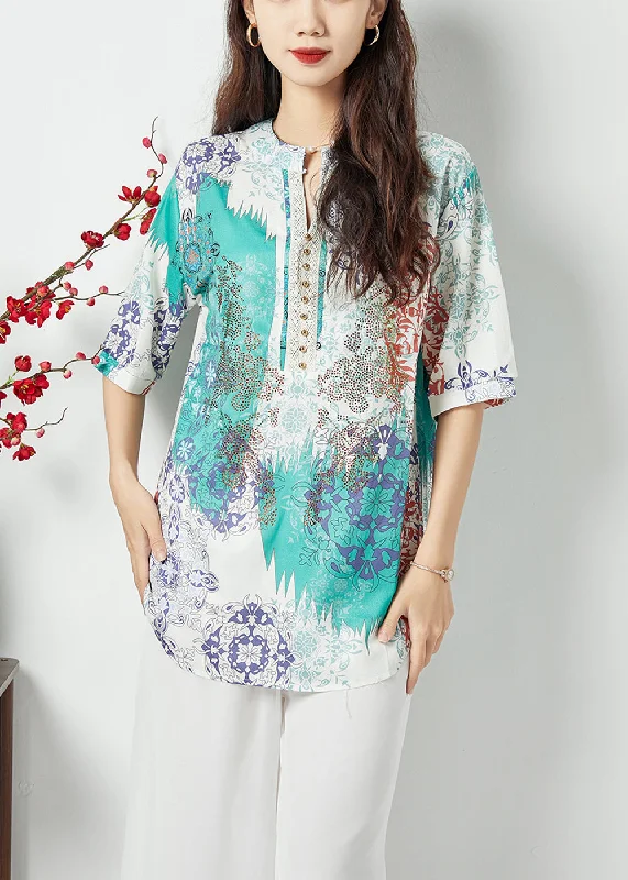 Price Reduction Plus Size Light Blue Oversized Print Nail Bead Shirt Tops Summer LC0397