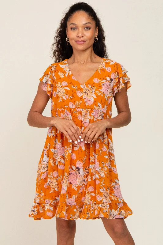Today Only sophisticated dressOrange Floral Flutter Sleeve Babydoll Dress