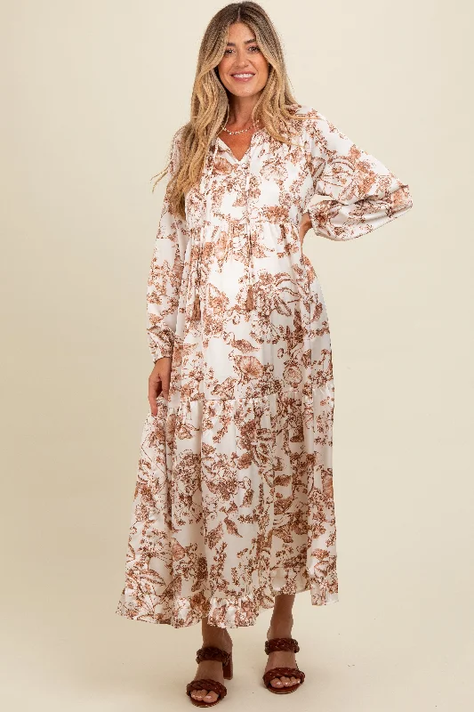 Exclusive Offers trendy bodycon dressBrown Floral Tassel Tie Front Maternity Maxi Dress