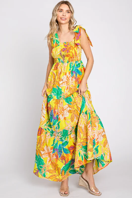 Final Markdown high-waisted dressYellow Tropical Print Smocked Tie Sleeve Maxi Dress