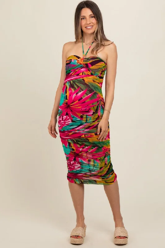 Price Rollback party dressFuchsia Tropical Halter Maternity Fitted Midi Dress