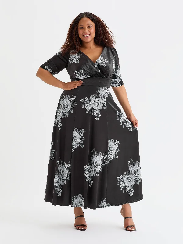 Epic Deals satin midi dressVerity Velvet Black Silver Print Maxi Gown