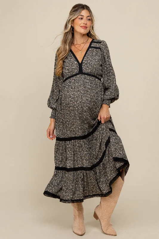 Don't Wait vintage-inspired dressBlack Floral Lace Trim Bubble Sleeve Maternity Maxi Dress