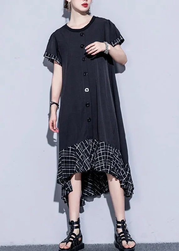 Weekend Deal satin midi dressLoose black cotton quilting clothes patchwork plaid hem  summer Dress