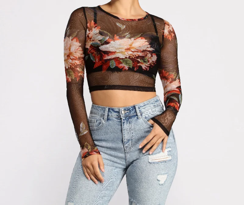 Overstock Lookin' Fine In Floral Mesh Crop Top
