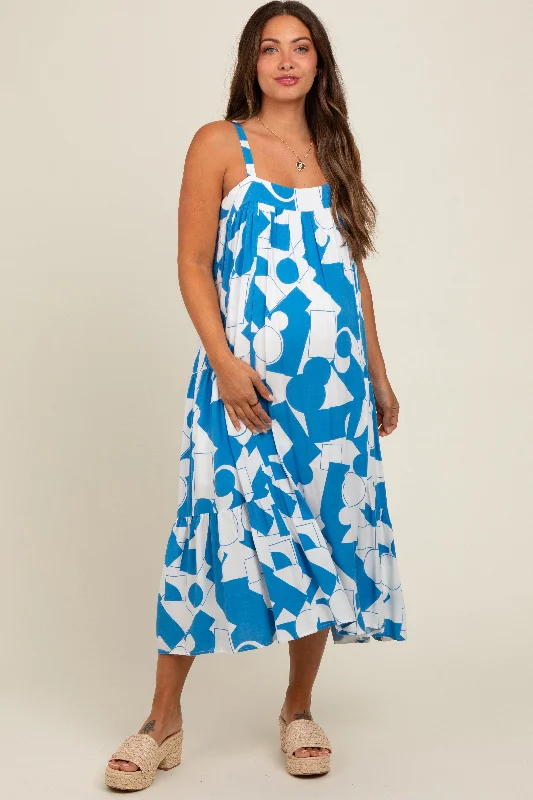 Flash Sale chic slip dressBlue Geometric Print Maternity Midi Dress