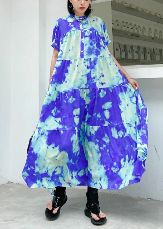 Lowest Price denim dress100% blue print cotton tunics for women stand collar patchwork Plus Size Dresses