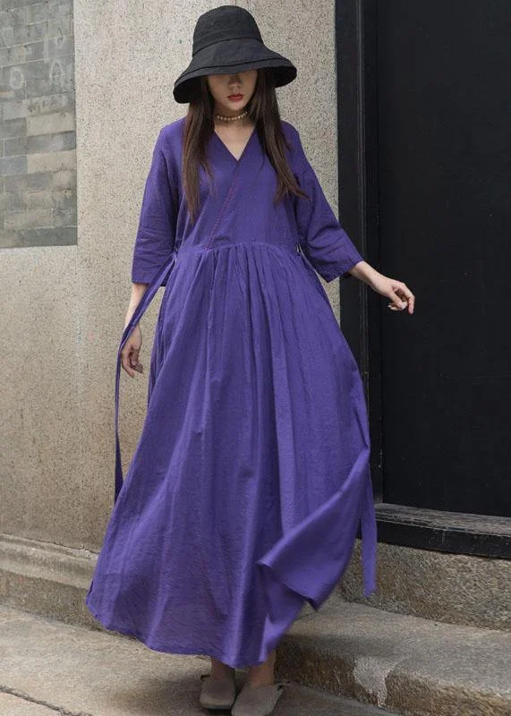 Extra Savings wrap dressOrganic bracelet sleeved linen clothes For Women Shape dark purple v neck Dress