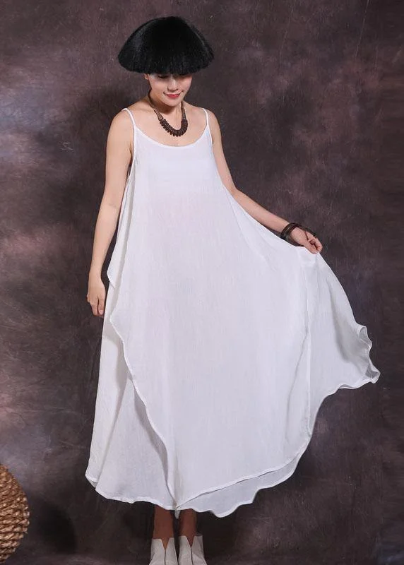 Limited Availability classic fit-and-flare dressBohemian big hem linen clothes Runway white sleeveless Dresses summer