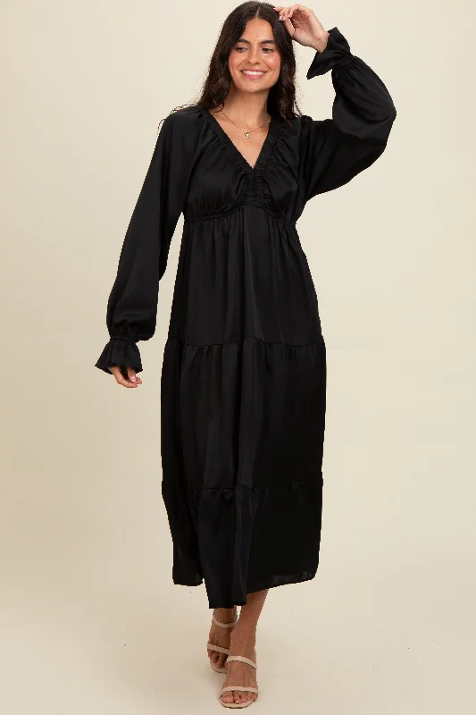 Overstock Sale romantic dressBlack Satin V-Neck Tiered Maxi Dress