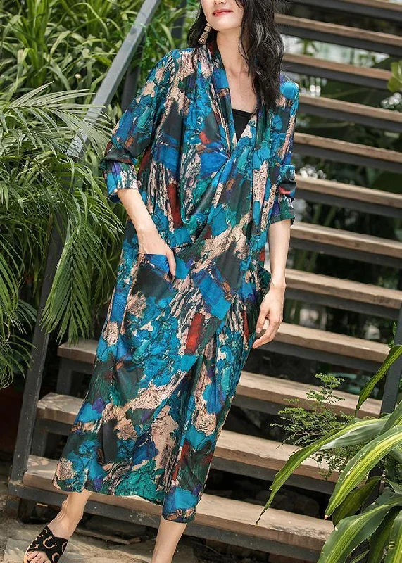 Act Fast statement dressFrench blue print clothes v neck pockets summer Dress
