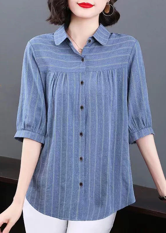 Time-Limited Offer Plus Size Blue Peter Pan Collar Striped Patchwork Cotton Shirt Tops Summer TQ1005