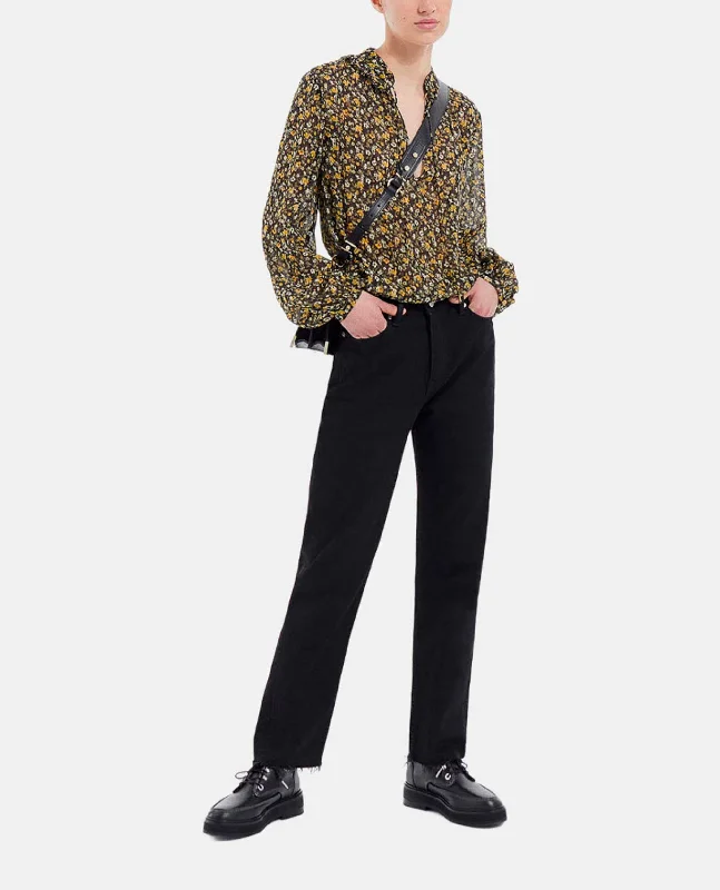 Overstock Floral And Yellow Top In Knotted Silver Details | Women | Black x Orange