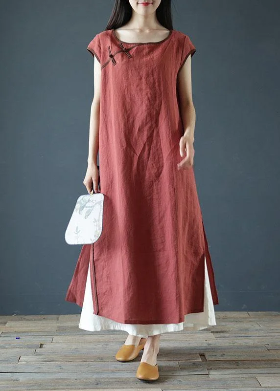 Price Blitz elegant evening dressClassy red linen clothes For Women o neck side open long summer Dress