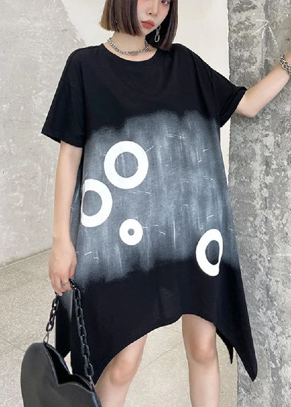 Limited Edition sleek dressModern Black Circle Asymmetric Cotton Dresses Short Sleeve