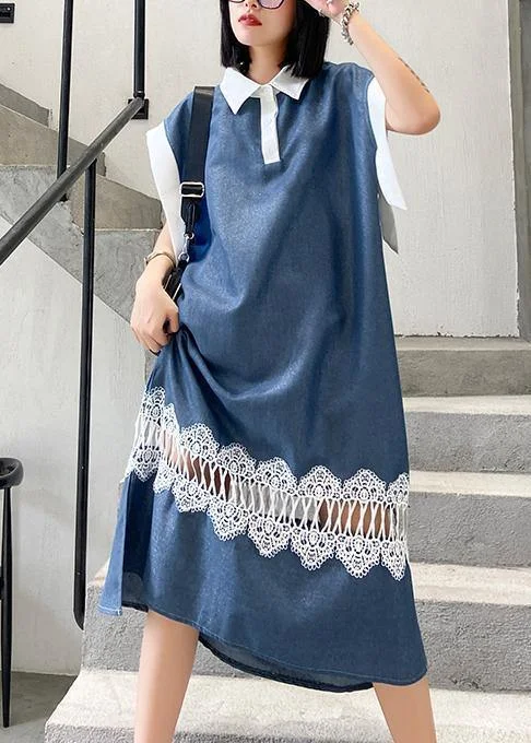 Clearance Sale wool dressNatural blue cotton Wardrobes lapel patchwork lace Maxi Dresses