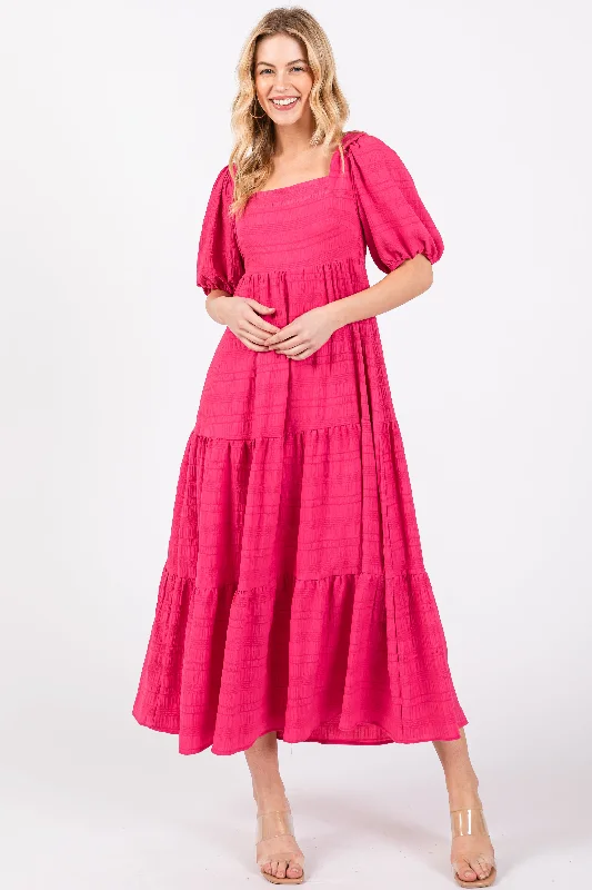 Season Finale Sale elegant evening dressFuchsia Textured Tiered Midi Dress