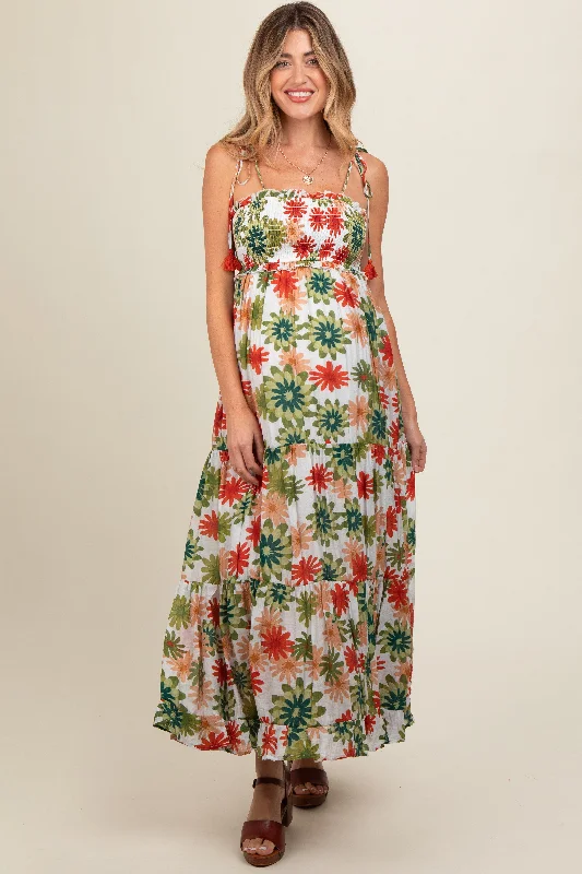 Don't Wait modern dressGreen Floral Smocked Shoulder Tie Maternity Maxi Dress