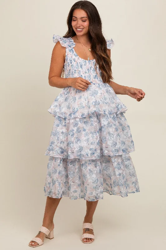 Best Bargains ruched dressGrey Floral Smocked Tiered Layered Maternity Midi Dress