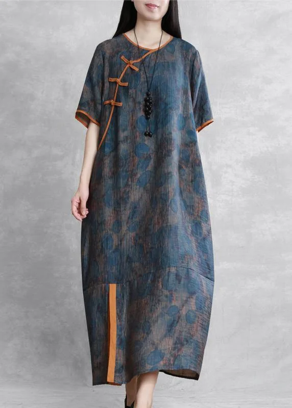 Exclusive Deal elegant dressArt o neck Chinese Button Robes Neckline blue print Dress