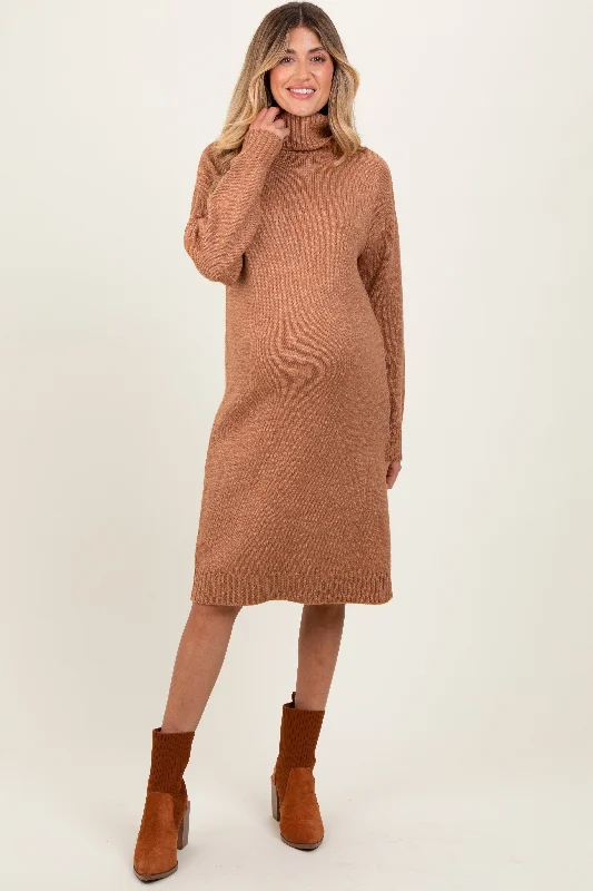 Bonus Savings wrap-around dressCamel Turtleneck Side Slit Maternity Midi Sweater Dress