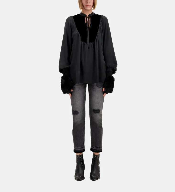 Deal of the Week Silk Top With Velvet Details | Women | Black