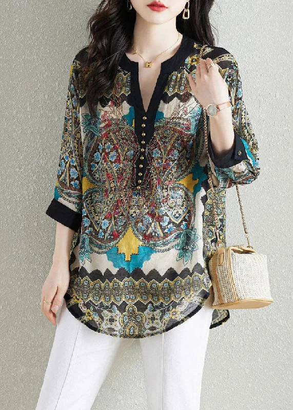 Unbeatable Prices Black Print Patchwork Chiffon Shirt Tops V Neck Nail Bead Summer TQ1016