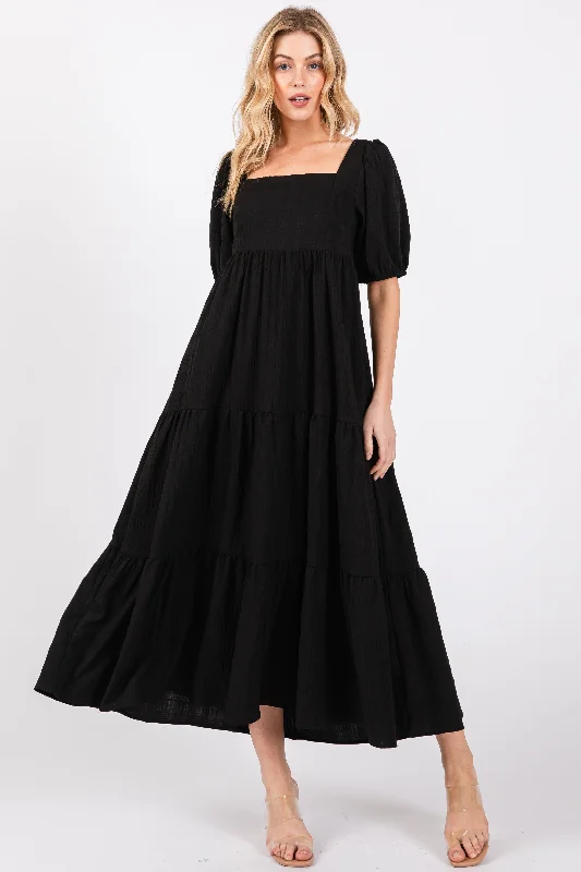 Referral Discount flowy maxi dressBlack Textured Tiered Midi Dress