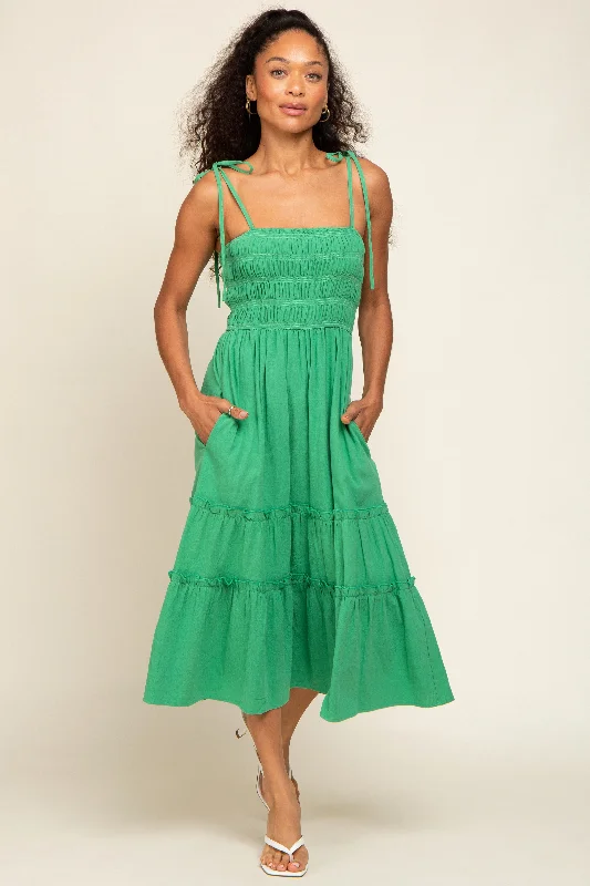 Final Clearance elegant dressGreen Sleeveless Tiered Midi Dress