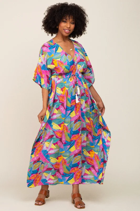 Great Deals layered dressMagenta Multicolor Leaf Pint Tassel Tie Maxi Dress