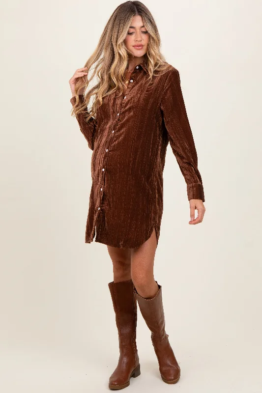 Online Exclusive mini dressBrown Crinkled Velvet Button Down Maternity Shirt Dress