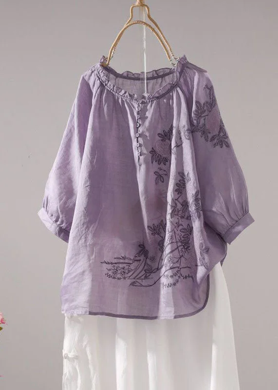Great Bargains Beautiful Purple Embroideried Patchwork Linen T Shirt Top Summer LY0616