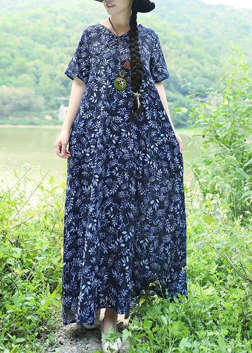 Holiday Sale luxury dressOrganic blue print linen Robes Pakistani Work Chinese Button Maxi summer Dress