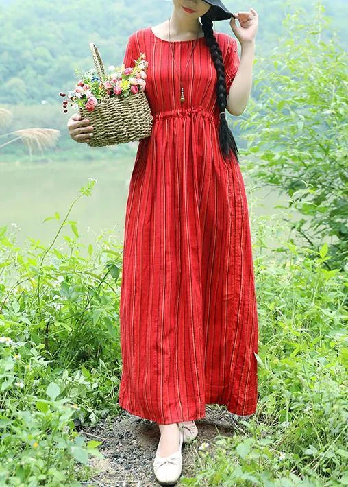 Exclusive Online Offer satin midi dressNatural striped cotton Long Shirts Tunic Tops red cotton Dress summer