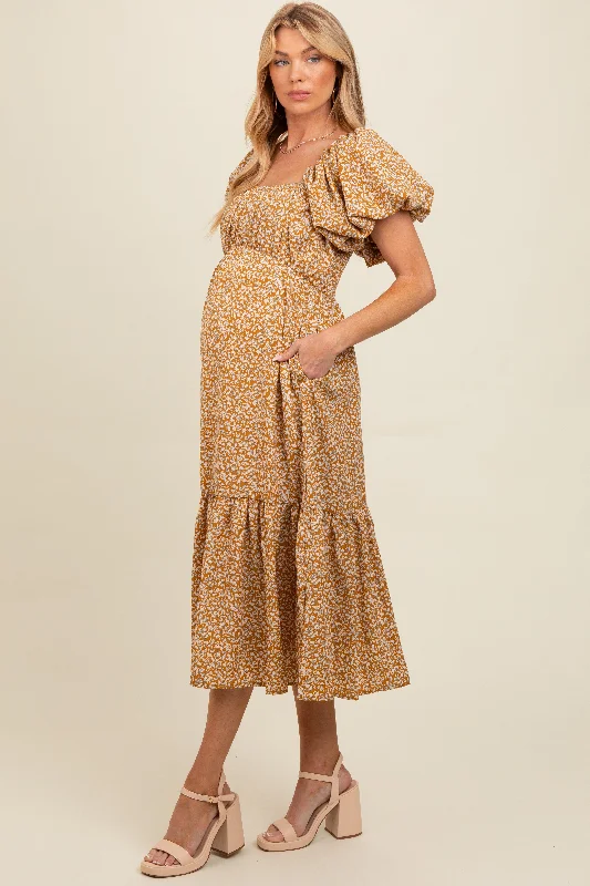 Limited Edition layered dressYellow Floral Puffed Sleeve Maternity Midi Dress