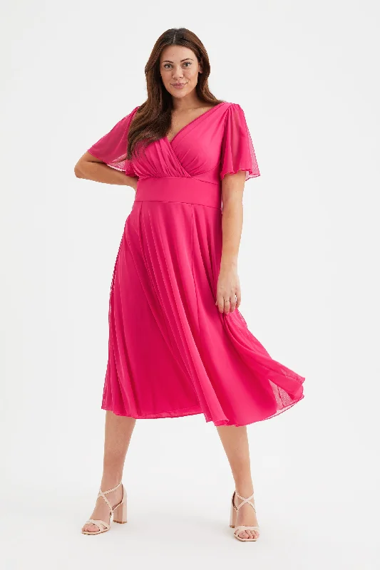 Steals and Deals party-ready dressVictoria Solid Cerise Angel Sleeve Mesh Midi Dress