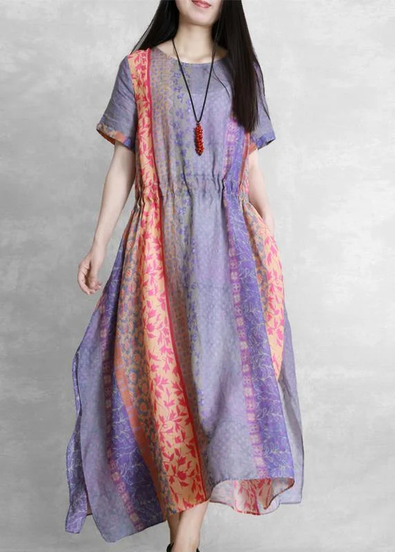 Unmissable Offer casual day dressHandmade purple print dress o neck drawstring Robe Dress