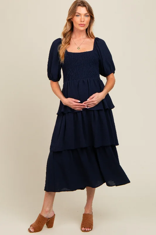 Quick Sale casual slip dressNavy Smocked Body Ruffled Tiered Maternity Midi Dress
